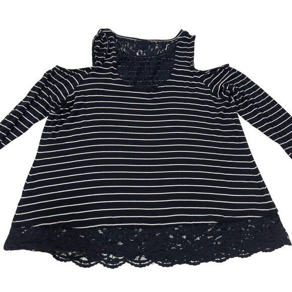 Kaari Blue Womens 2X Cold Shoulder Black Striped Top Lace Hem Long Sleeve - Picture 3 of 11